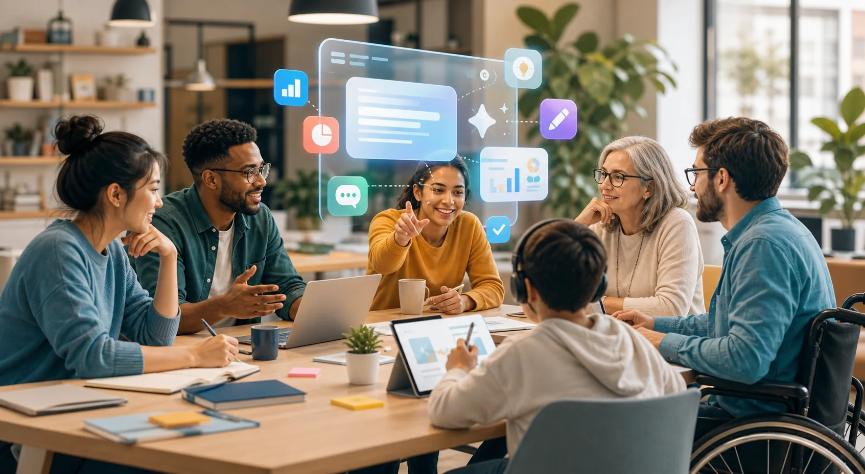 Illustration of people collaborating with a supportive AI interface