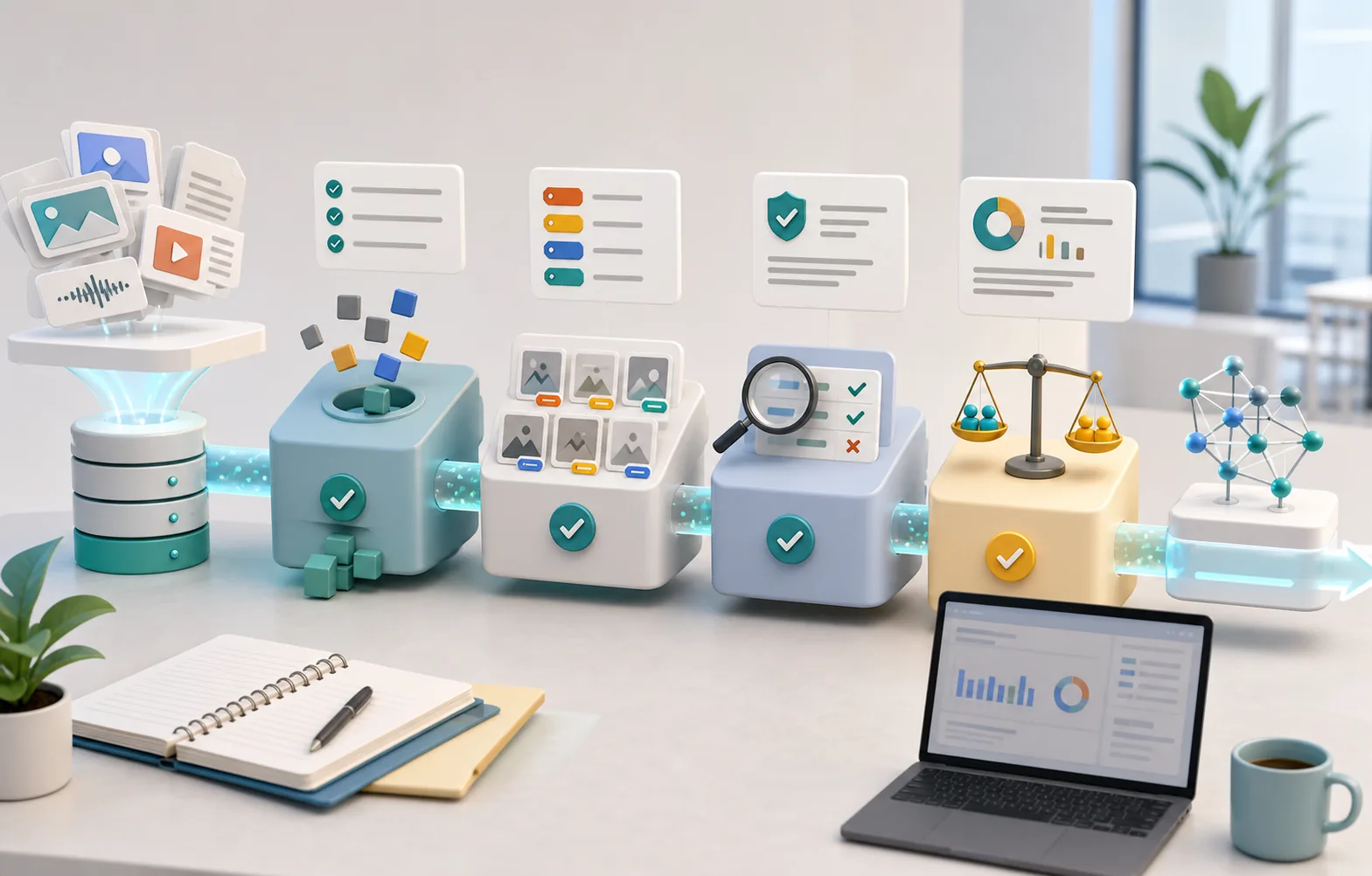 Illustration of an AI training data pipeline with data cards and model nodes
